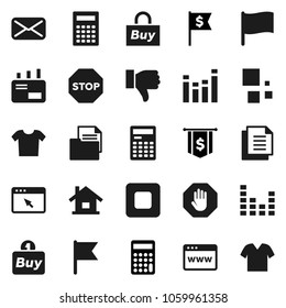 Flat vector icon set - calculator vector, flag, dollar, document, equalizer, finger down, mail, stop button, browser, loading, house, buy, clothes