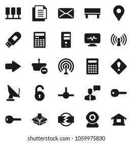 Flat vector icon set - calculator vector, document, antenna, speaking man, mail, diagnostic monitor, connect, server, usb modem, bench, arrow, unlock, key, attention sign, pin, disconnection, basket