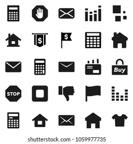Flat vector icon set - calculator vector, flag, dollar, equalizer, finger down, mail, stop button, home, loading, house, buy, clothes