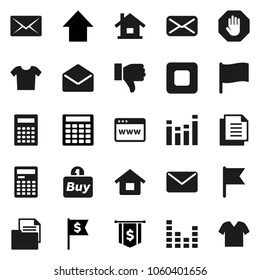 Flat vector icon set - calculator vector, flag, arrow up, dollar, document, equalizer, finger down, mail, stop button, browser, house, buy, clothes