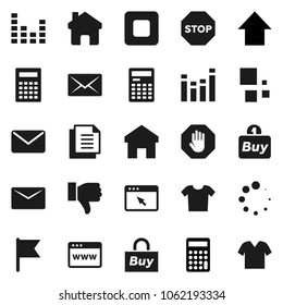Flat vector icon set - calculator vector, flag, arrow up, document, equalizer, finger down, stop button, browser, home, loading, mail, buy, clothes