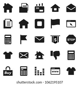 Flat vector icon set - calculator vector, flag, dollar, document, equalizer, finger down, mail, stop button, browser, home, house, buy, clothes