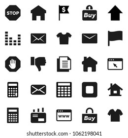 Flat vector icon set - calculator vector, flag, arrow up, dollar, document, equalizer, finger down, mail, stop button, browser, home, house, buy, clothes