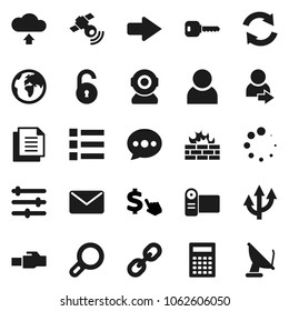 Flat vector icon set - calculator vector, dollar cursor, earth, document, satellitie, link, equalizer, firewall, lan connector, message, arrow, refresh, cloud upload, loading, route, unlock, user