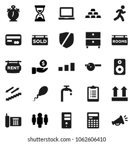 Flat vector icon set - calculator vector, notebook pc, alarm clock, archive, investment, man, sand, gold ingot, clipboard, stairways run, phone, top sign, sorting, protected, speaker, eye doctor hat