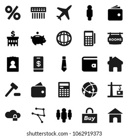 Flat vector icon set - calculator vector, world, wallet, piggy bank, building, man, personal information, tie, plane, connection, network, cloud lock, hub, home, rooms signboard, construction crane