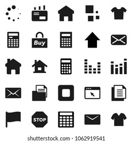Flat vector icon set - calculator vector, flag, arrow up, document, equalizer, mail, stop button, browser, home, loading, house, buy, clothes