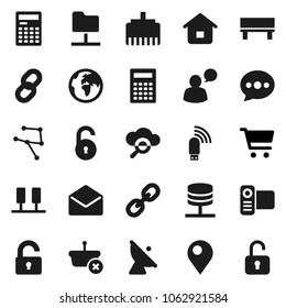 Flat vector icon set - calculator vector, cart, earth, satellite antenna, video camera, speaking man, link, mail, network, server, folder, cloud glass, usb modem, lan connector, message, bench, pin