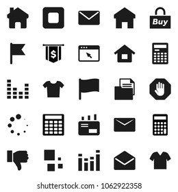 Flat vector icon set - calculator vector, flag, dollar, document, equalizer, finger down, mail, stop button, browser, home, loading, house, buy, clothes