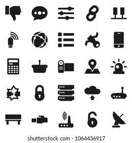 Flat vector icon set - calculator vector, map pin, satellite, mobile phone, finger down, connection, server, disconnection, big data, equalizer, usb modem, router, lan connector, message, bench