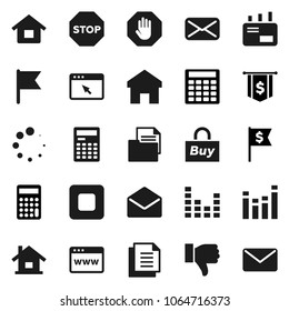 Flat vector icon set - calculator vector, flag, dollar, document, equalizer, finger down, mail, stop button, browser, home, loading, house, buy