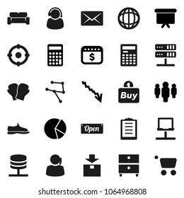 Flat vector icon set - calculator vector, world, archive, pie graph, crisis, man, presentation board, dollar calendar, snickers, boxing glove, support, clipboard, package, network, notebook, server