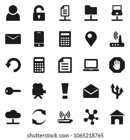 Flat vector icon set - calculator vector, notebook pc, document, video camera, mobile phone, social media, mail, network, folder, cloud, router, refresh, undo, route arrow, user, attention sign, pin