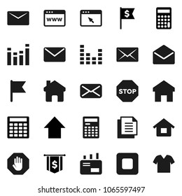 Flat vector icon set - calculator vector, flag, arrow up, dollar, document, equalizer, mail, stop button, browser, home, house, clothes