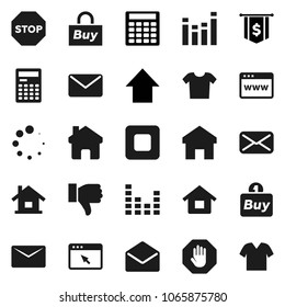 Flat vector icon set - calculator vector, arrow up, dollar flag, equalizer, finger down, mail, stop button, browser, home, loading, house, buy, clothes