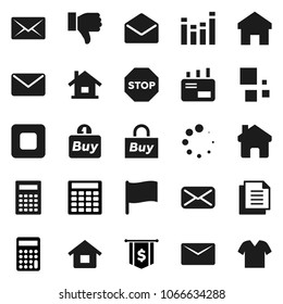 Flat vector icon set - calculator vector, flag, dollar, document, equalizer, finger down, mail, stop button, home, loading, house, buy, clothes