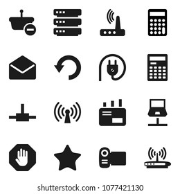 Flat vector icon set - calculator vector, favorites, mail, connect, notebook network, big data, router, undo, stop, wireless, basket, power plug, video camera