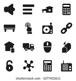 Flat vector icon set - calculator vector, radio, speaker, touchscreen, social media, menu, bench, chain, unlock, cottage, smart home, mailbox, delivery, mouse