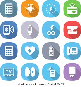 flat vector icon set - calculator vector, chip, lightning, tap to pay, phone, smart watch, infinity power, market scales, pacemaker, remote control, intercome, tv, coil, mobile, usb flash