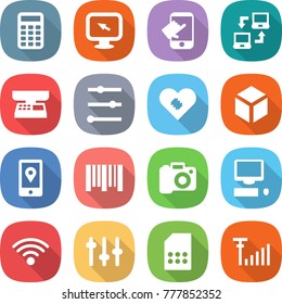 flat vector icon set - calculator vector, monitor arrow, touch, notebook connect, market scales, equalizer, pacemaker, 3d, mobile location, bar code, camera, computer, wireless, setup, sim card