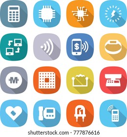 flat vector icon set - calculator vector, chip, lightning, notebook connect, wireless, phone pay, smart bracelet, crypto currency, cpu, electrostatic, market scales, pacemaker, intercome, led