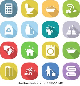 flat vector icon set - calculator vector, toilet, washing, vacuum cleaner, garbage bag, shampoo, wiping, clean floor, house cleaning, machine, foam basin, paper towel, bin