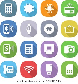 flat vector icon set - calculator vector, chip, tap to pay, phone, smart watch, crypto currency, electrostatic, mobile, atm, camera, intercom, wireless, usb flash, sim card