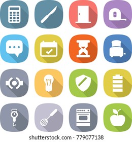 flat vector icon set - calculator vector, scalpel, door, measuring tape, sms, terms, sand clock, toaster, connect, bulb, shield, battery, handle scales, whisk, oven, apple