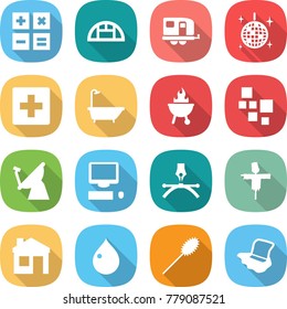 flat vector icon set - calculator vector, greenhouse, trailer, disco ball, first aid, bath, bbq, blocks, satellite antenna, computer, drawing pen, scarecrow, house, drop, duster, floor washing