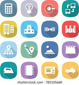 Flat Vector Icon Set - Calculator Vector, Bulb Brain, Cell Corection, Notebook Connect, Houses, Mansion, School, Palace, Map, Route, Landscape, Curtain, Iron, Chip, Grill Oven, Pickup