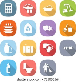 flat vector icon set - calculator vector, factory filter, washing, vacuum cleaner, plate, garbage bag, sweeper, bucket and broom, shampoo, clean window, wiping, drying clothes, toilet cleanser