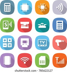 flat vector icon set - calculator vector, chip, wireless, mobile pay, market scales, atm, tv, hair dryer, sim card, antenna signal