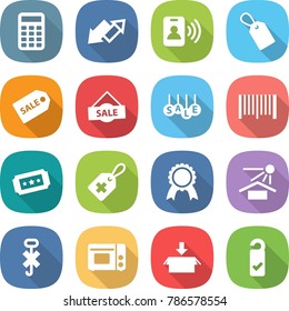flat vector icon set - calculator vector, up down arrow, pass card, label, sale, bar code, ticket, medical, medal, sun potection, do not hook sign, grill oven, package, please clean