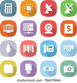 flat vector icon set - calculator vector, chip, satellite antenna, server, web cam, receipt, spark plug, bar code, intercome, surveillance camera, cpu, usb flash, projector