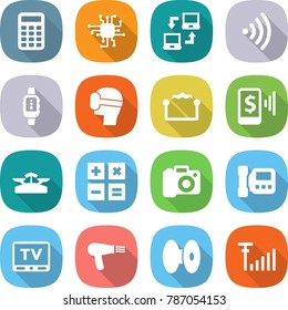 flat vector icon set - calculator vector, chip, notebook connect, wireless, smart watch, virtual mask, electrostatic, mobile pay, scales, camera, intercome, tv, hair dryer, coil, antenna signal