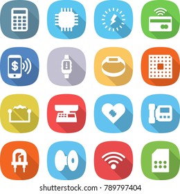 flat vector icon set - calculator vector, chip, lightning, tap to pay, phone, smart watch, bracelet, cpu, electrostatic, market scales, pacemaker, intercome, led, coil, wireless, sim card