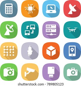 flat vector icon set - calculator vector, chip, notebook, satellite antenna, connect, server, drone, spark plug, 3d, mobile location, camera, surveillance, usb flash