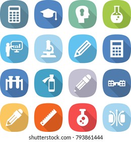 flat vector icon set - calculator vector, graduate hat, bulb head, round flask, presentation, microscope, pencil, test vial, potion bottle, school, ruler, chemical, magnetic field