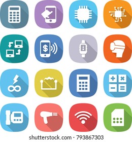 flat vector icon set - calculator vector, touch, chip, notebook connect, phone pay, smart watch, virtual mask, infinity power, electrostatic, intercome, hair dryer, wireless, sim card