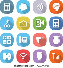 flat vector icon set - calculator vector, chip, wireless, virtual mask, infinity power, electrostatic, mobile pay, intercome, hair dryer, coil, usb flash, antenna signal