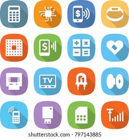 flat vector icon set - calculator vector, chip, phone pay, smart bracelet, cpu, mobile, pacemaker, atm, tv, led, coil, usb flash, sim card, antenna signal