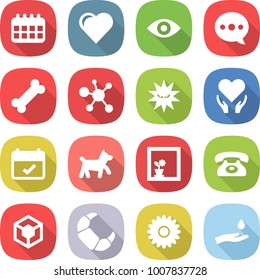 flat vector icon set - calendar vector, heart, eye, balloon, bone, virus, health care, terms, dog, flower in window, phone, 3d, croissant, hand and drop
