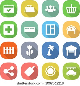 flat vector icon set - calendar vector, shopping bag, group, basket, medical cross, bunker, window, barn, fence, perishable, palm, garage, share, cutting board, induction oven, car wash