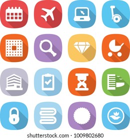 flat vector icon set - calendar vector, plane, notebook, gyroscooter, cpu, magnifier, diamond, baby stroller, office, clipboard check, sand clock, hotel, lock, towel, cookies, ecology