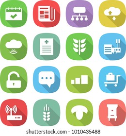 flat vector icon set - calendar vector, newspaper, structure, cloud service, wireless, recipe, spikelets, mall, unlock, sms, sorting, baggage trolley, router, spike, mushroom, hive