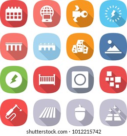 flat vector icon set - calendar vector, notebook globe, satellite, lightning, bridge, modern architecture, landscape, electricity, crib, ring button, blocks, welding, field, acorn, clean floor