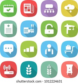 flat vector icon set - calendar vector, newspaper, structure, cloud service, recipe, mall, unlock, tower crane, sms, sorting, workman, baggage trolley, router, spike, hive