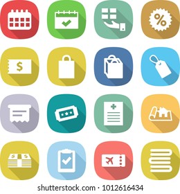 flat vector icon set - calendar vector, gift, percent, receipt, shopping bag, label, atm, ticket, recipe, project, money, clipboard check, towels
