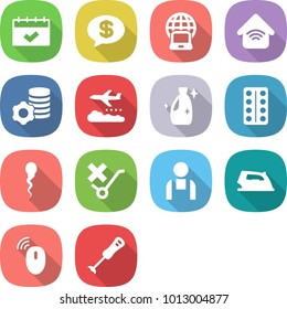 flat vector icon set - calendar vector, money message, notebook globe, wireless home, virtual mining, weather management, cleanser, pills blister, sperm, do not trolley sign, workman, iron, mouse
