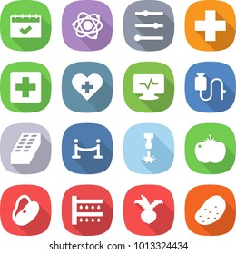 flat vector icon set - calendar vector, atom, equalizer, medical cross, heart, monitor pulse, dropper, brick, vip fence, laser, tomato, beans, watering, beet, potato
